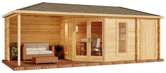 Alpholz 5-Eck Gartenhaus Liwa mit Anbau Gartenhaus aus Holz in Braun Holzhaus mit 40 mm Wandstärke inklusive Terrasse Blockbohlenhaus mit Montagematerial