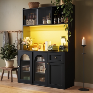 Mehrzweckschrank Sideboard mit LED Glas Türen Aluminiumgriffe verstellbare Einlegeböden Kippschutz Küchen Wohnzimmer,Schwarz