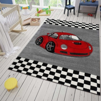 Vimoda Kinderteppich Auto Kinder teppich Auto Rot, Car Rennwagen, Rechteckig, Höhe: 11 mm, Läufer Auto Rot Kinderzimmer Spielzimmer