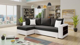 Ecksofa Lord mit Regal und Schlaffunktion - Sofa mit Bettkasten, Schlafsofa, Polsterecke, Couch L-Form, Couchgarnitur, Sofagarnitur (Weiß + Schwarz (Dolaro 511 + Berlin 02), Ecksofa Links)