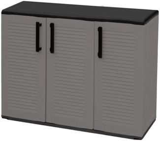 Dmora Aranka Outdoor-Garderobe, Mehrzweck-Balkonschrank, 3-türiger Outdoor-Kleiderschrank, 100 % Made in Italy, 102 x 37 x 84 cm, Grau und Schwarz, gestreifte Oberfläche