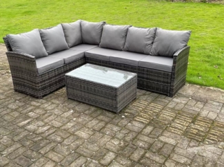 Fimous Hoher Rücken Dunkelgrau gemischt Rattan Ecksofa Set Gartenmöbel Rechteckiger Couchtisch 6 Sitzer