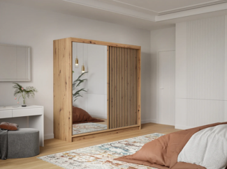 Vente-unique - Kleiderschrank mit Spiegel - 2 Schiebetüren - 203 cm - Holzfarben & Schwarz - CALOWI