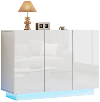 HAUSS SPOLE Sideboard 120x40x75cm Hochglanz mit Sockel LED-Licht, 3 Türen Kommode weiß (Buffetschrank, Küchenmöbel, Anrichte, Wohnzimmerschrank, 1 St, 3 Türen), mit LED-Licht