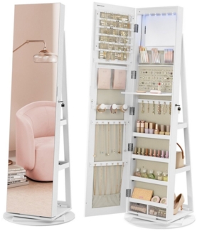 Songmics Schmuckschrank mit rahmenlosem Ganzkörperspiegel, 360° drehbar, abschließbar, Oberfläche weiß | Innenfutter grau, 162 x 54,5 x 54,5 cm