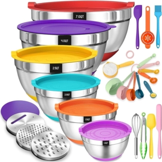 Terlulu Edelstahl Rührschüssel Set 6-teilig mit Reiben & Deckel - Bunt