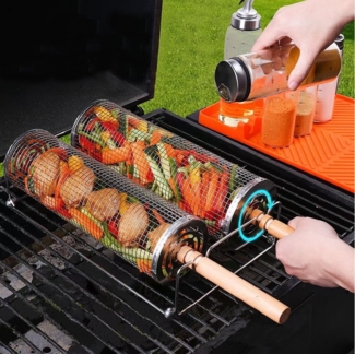 FOUORTUNATE-BEE Grillbesteck-Set Rollendes Grillkorb mit Holzgriff, (1 tlg, Grillnetzrohr für Den Außengrill für Gemüse), Grillkorb Edelstahl Zylindrisch, Grill Zubehör Drehspieß