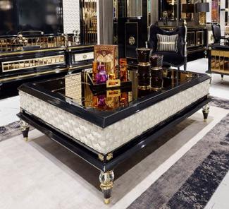 Casa Padrino Luxus Art Deco Couchtisch Schwarz / Cremefarben / Gold - Prunkvoller Massivholz Wohnzimmertisch - Luxus Art Deco Wohnzimmer Möbel