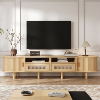 Merax Lowboard Retro-Modernes TV-Board in Walnuss/Natur (1 St, Fernsehtisch Ovales Lowboard), TV-Schrank mit 2 Rattan-Schubladen, 2 Schiebetüren & 8 stabilen Beinen