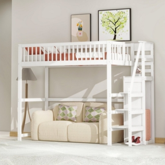 HAUSS SPOLE Hochbett 90x200 mit Treppe, Aufbewahrungsregal, einfacher Kleiderschrank weiß (aus Holz mit Treppe und integriertem Aufbewahrungsregal, 90x200 cm) Ohne Matratze