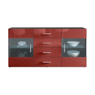 Sideboard Kommode Bari V1, Korpus in Schwarz matt / Front in Bordeaux Hochglanz (139 x 72 x 35)