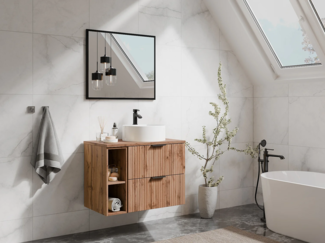 Vente-unique - Waschbeckenunterschrank hängend mit Ablagen & Aufsatzwaschbecken rund - Streifenoptik - Holzfarben hell - 80 cm - ZEVARA