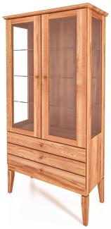 Vitrine Sydo aus Kernbuche massiv 94x45x180 Holzbeine 2 Türen 3 Schubladen Glas