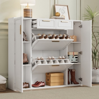 Flieks Schuhschrank mit 2 Klappen, 2 Schubladen und 2 Türen Weiß (ca 10-15 Paar Schuhe, 1-St, B120/T24/H107 cm) Schuhkommode Schuhkipper Schuhregal, goldenen Metallgriffen