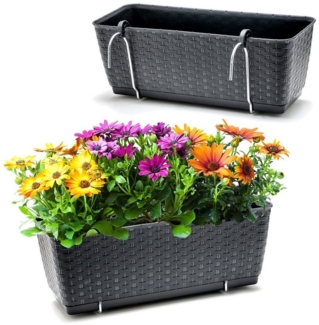 BigDean 2er Set Blumenkästen für Balkon-Geländer - Rattan-Optik - Anthrazit - Balkonkästen mit Metall-Halterung - 39 x 15,5 x 14 cm - inkl. Bewässerungssystem