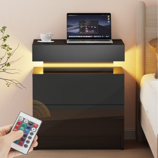 WILGOON Nachttisch Nachtschrank mit LED-Beleuchtung Nachtkommode mit 3 Schubladen (Schiebeschrank,einstellbare Farben, Sofatisch aus Holz, Weiß), Nachttisch, Beistelltisch mit LED-Leuchten, 2/3 schubladen