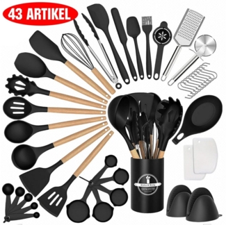 PFCTART Kochbesteck-Set 43 Stück Antihaft Hitzebeständige Silikon Kochutensilien Set (mit Holzgriff zum Backen Kochen und Mische), Beste Küchenutensilien mit Halter