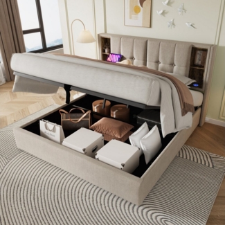 STILVORA Polsterbett 160x200 Bettgestell mit Stauraum,Jugendbett mit Lattenrost,USB C (mit Lattenrost, Ohne Matratze,160x200 cm), mit Kabellosem Laden USB C, Lattenrost aus Holz-Natürlich Leinen