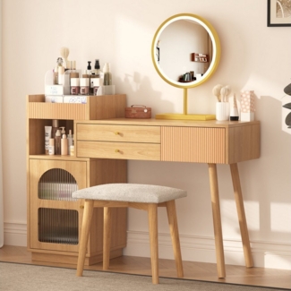 i@home Schminktisch -Set mit LED-Spiegel, 3 Schubladen & Seitenschrank, ausziehbar (Schminktisch-Set mit LED-Spiegel (ohne Hocker), Holzfüße, LED-Ringspiegel, 3 Schubladen, Tür & offene Fächer