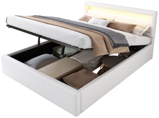 BlingBin Polsterbett LED-Bett, Stauraumbett, Jugendbett Bettgestell mit Lattenrost (1er Set, 1-tlg, 140*200cm, Ohne Matratze, Belastbarkeit maximal: 150KG), Mit Beleuchtetem Kopfteil in Diversen Farben, Kunstleder, Weiß