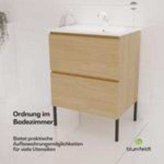 Blumfeldt Johnstone Waschbecken mit Unterschrank – natürliches Holzfinish, Keramikbecken, Soft-Close, feuchtigkeitsbeständig, geräumige Schubladen, einfache Selbstmontage – inklusive Füßen