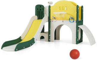 Kinder Rutsche mit Klettergerüst & Spieltunnel Rutsche Set mit Basketballkorb & Wurfspiel & Teleskop