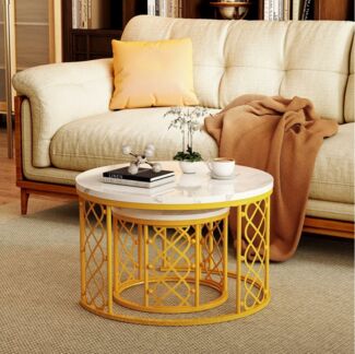 REDOM Couchtisch und 2er Set, Beistelltisch für Schlafzimmer Balkon (Runder Couchtisch, stabil und langlebig für stilvolles Wohnen, 2-St, 70x70x45 cm und 45x45x37 cm)