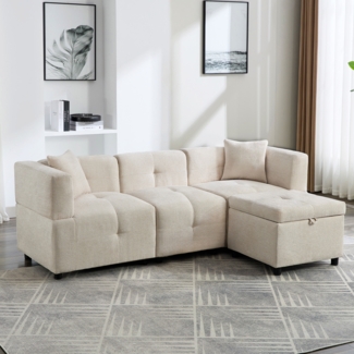 3-Sitzer Sofa Chenille mit Lordosenstütze & Fußhocker, 204x126x69 cm,Sofa mit Taschenfederkern, ergonomisch,Beige