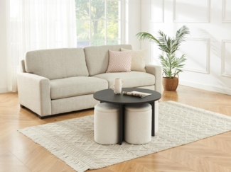 Vente-unique - Couchtisch aus MDF + 4 Hocker aus Bouclé-Stoff - Schwarz & Weiß - AKSAY