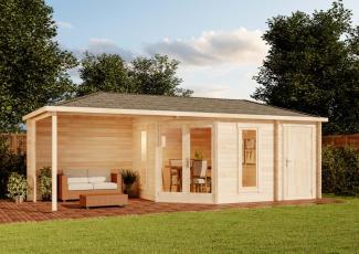 Alpholz 5-Eck Gartenhaus Liwa mit Anbau Gartenhaus aus Holz Holzhaus mit 40 mm Wandstärke inklusive Terrasse Blockbohlenhaus mit Montagematerial