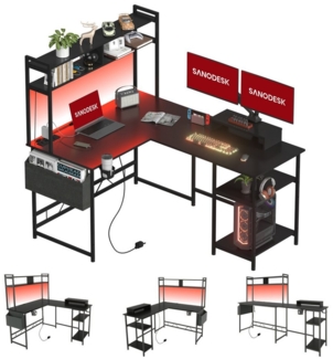 SANODESK Computertisch Gaming Tisch L-Form Schreibtisch Jugendschreibtische (L-förmiger Schreibtisch, mit Regal), mit LED-Beleuchtung, 2 Steckdosen & 2 USB-Anschlüsse