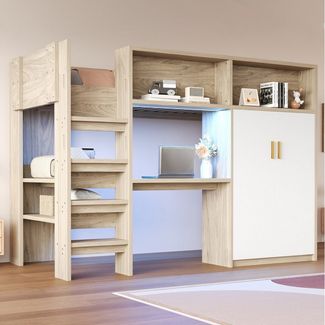 OKWISH Hochbett Kinderbett Stauraumbett (mit integriertem Schreibtisch, Kleiderschrank & LED-Licht, 90x200 cm) ohne Matratze