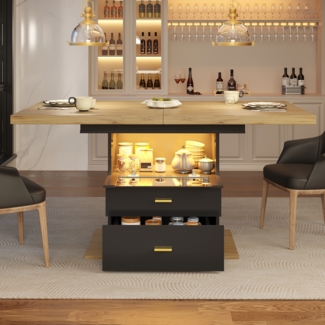 Ausziehbarer Esstisch mit LED-Beleuchtung 110/140 x 80 x 75 cm, Holzoptik, schwarzer Schrank & 2 Schubladen