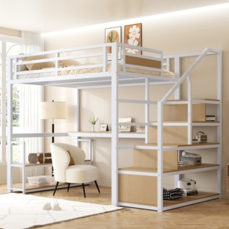 Merax 140*200 Metall-Hochbett mit Aufbewahrungsleiter mit Regalen und Tisch, Sicherheitszaun-Design mit gespleißten Metallplanken, Hohes Eisenrahmenbett mit Metallrahmen, Weiß