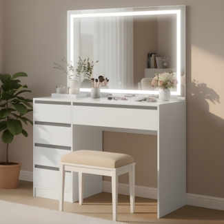 Bellamio 'Nore' Schminktisch mit Spiegel, LED-Beleuchtung, mit 5 Schubladen, beidseitig montierbar, weiß, 75x53x110 cm