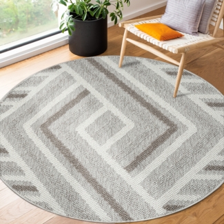 Teppich Rund - 160x160cm - Beige Braun Grau - Boho-Style - Modern Geo Muster - Flachflor Wohnteppich Schlafzimmer Deko
