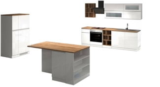 Dmora Vollständige Küche Armend, Set mit Speisekammer, Küchenzeile Schrank, Blockbausatz mit Insel und Kühlschrankträger, 100 % Made in Italy, Glänzendes Weiß und Eiche