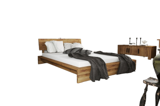 Bett Lubic 1 Sonderlänge 180x210 Wildeiche Sprossenkopfteil und Holzfußgestell