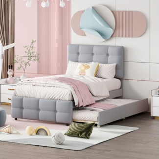 Graues Polsterbett 90x200 cm Mit Ausziehbett Und Höhenverstellbarem Kopfteil Kinderbett Mit Lattenrost Leinenstoff Polsterbett Platzsparendes Gästebett Multifunktionsbett