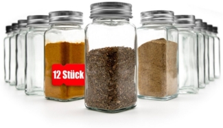 BigDean 12er Set Gewürzgläser eckig - luftdichte Gewürzdosen lebensmittelecht mit zwei Streueinsätzen - ideal für Gewürzaufbewahrung