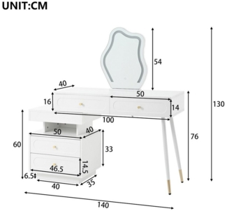 Ulife Schminktisch mit LED-Spiegel und Beleuchtung,mit 4 Schubladen und1 offenes Staufach (1-St), Weiß,Maße: B140/T40/H130 cm(ohne Hocker)