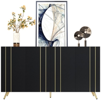 HAUSS SPOLE Sideboard mit verstellbaren Einlegeböden und goldfarbenen Metallstreifen schwarz (Beistellschrank, Hochschrank, 1 St, 4 Türen), mit goldfarbenen Metallstreifen