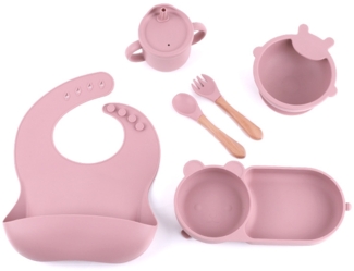 Hellrosa 6-teiliges Silikon-Essgeschirr-Set für Kinder, bestehend aus Babynahrungsschale, Teller, Strohhalm und Becher.