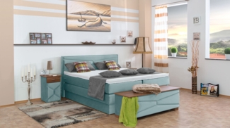 Meisterbetten Boxspringbett Dion 200x200 in VS-Hellblau, Matratzenbezug Nano, Ergoflex-Topper