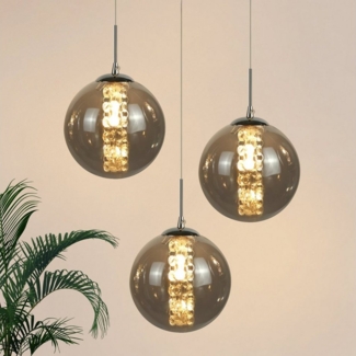 ZMH Pendelleuchte Esstisch 150CM Höhenverstellbar Pendellampe Kronleuchte Wohnzimmer, Glaskugel Hochwertige Design, LED wechselbar, 3-Flammig Grau Esszimmerlampe Schlafzimmer