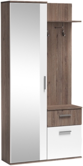 MEBLINI Garderobenschrank Flur mit Spiegel - LUXOR - 97x30x195cm R/L - Trüffeleiche/Weiß - Garderobe Schrank - Flurgarderobe schmal - Garderobe Flur Möbel Set - Flurschrank hoch