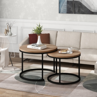2er Set Runder Couchtisch Eiche, Nesting Beistelltisch Wohnzimmer, Moderner Sofatisch aus MDF