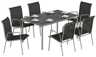 Outsunny Garten-Essgruppe mit 6 Atmungsaktiven Stühlen, Sicherheitsglas Tischplatte, (Gartenset, 7-tlg, Gartenmöbel Set), für Garten Balkon Terrasse Schwarz