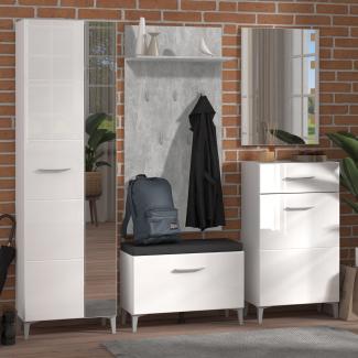 Homestyle4u Garderobenset 5-tlg. inkl. Sitzbank, Mehrzweckschrank, Schrank, Wandgarderobe & Spiegel, Holz weiß / grau