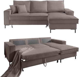 ECKSOFA mit Schlaffunktion, Bettkasten, Wellenunterfederung, Récamiere rechts B240/T150/H92 cm, Liegefl. 125x198 cm, Cord Braun Taupe